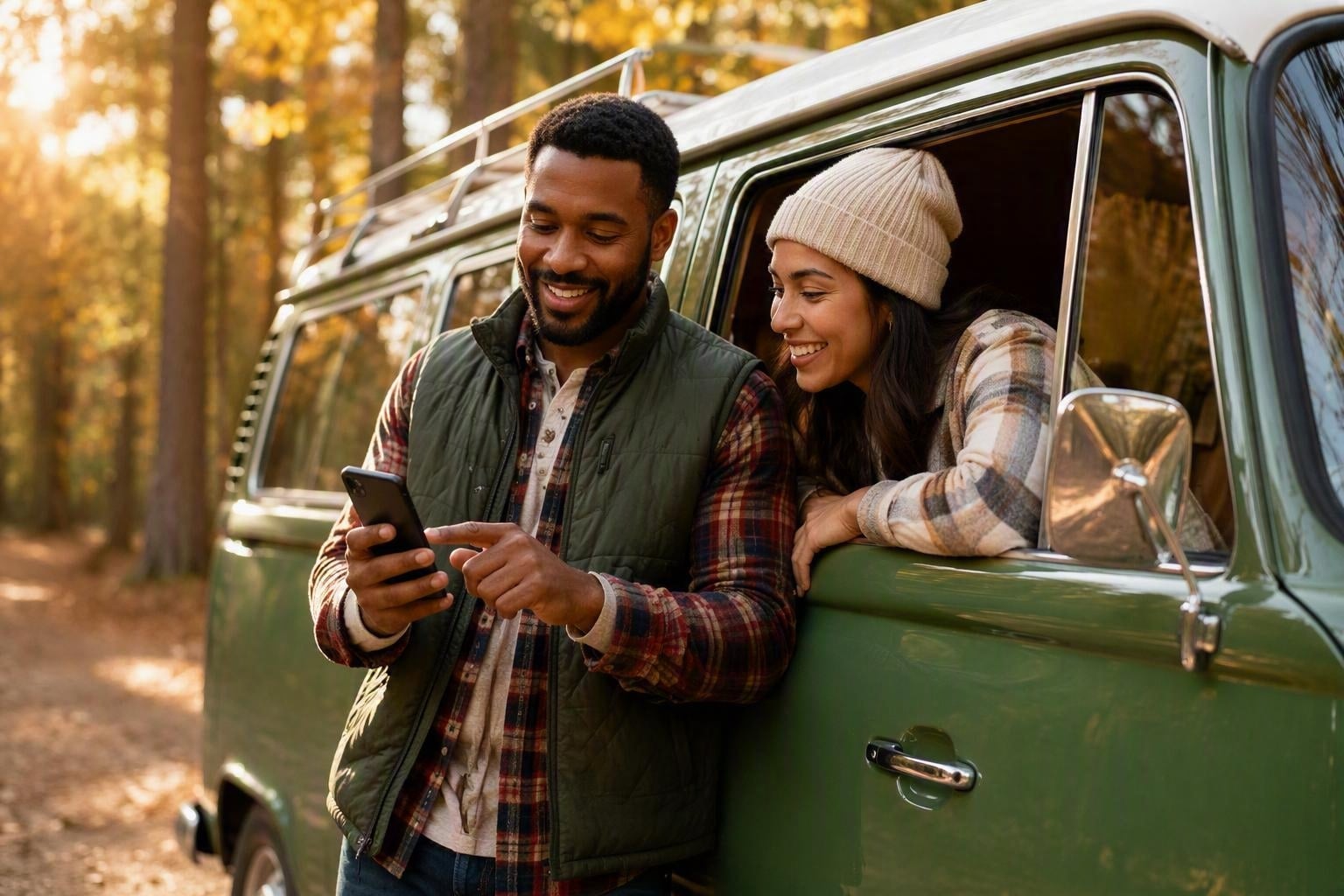 A happy couple standing beside a classic green camper van in a sunlit autumn forest, smiling as they look at a smartphone together.