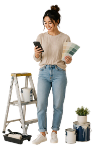 A woman holding paint color swatches and a smartphone, standing beside a step ladder and paint cans against a bright blue background.