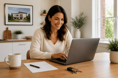 Homeowner applying for HELOC Express online from a home office, with house keys and minimal paperwork nearby, representing a streamlined application process and quicker access to home equity.
