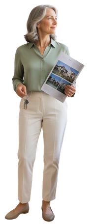 Investor standing in a bright, upscale home, holding multiple property keys and real estate listings while looking out a window. Open floor plan, navy accents, and ample copy space create a premium financial-services setting.