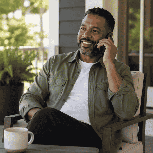 Homeowner relaxing on a porch while speaking with a representative on a smartphone. The image illustrates convenient ways to contact Quorum for account assistance and support.