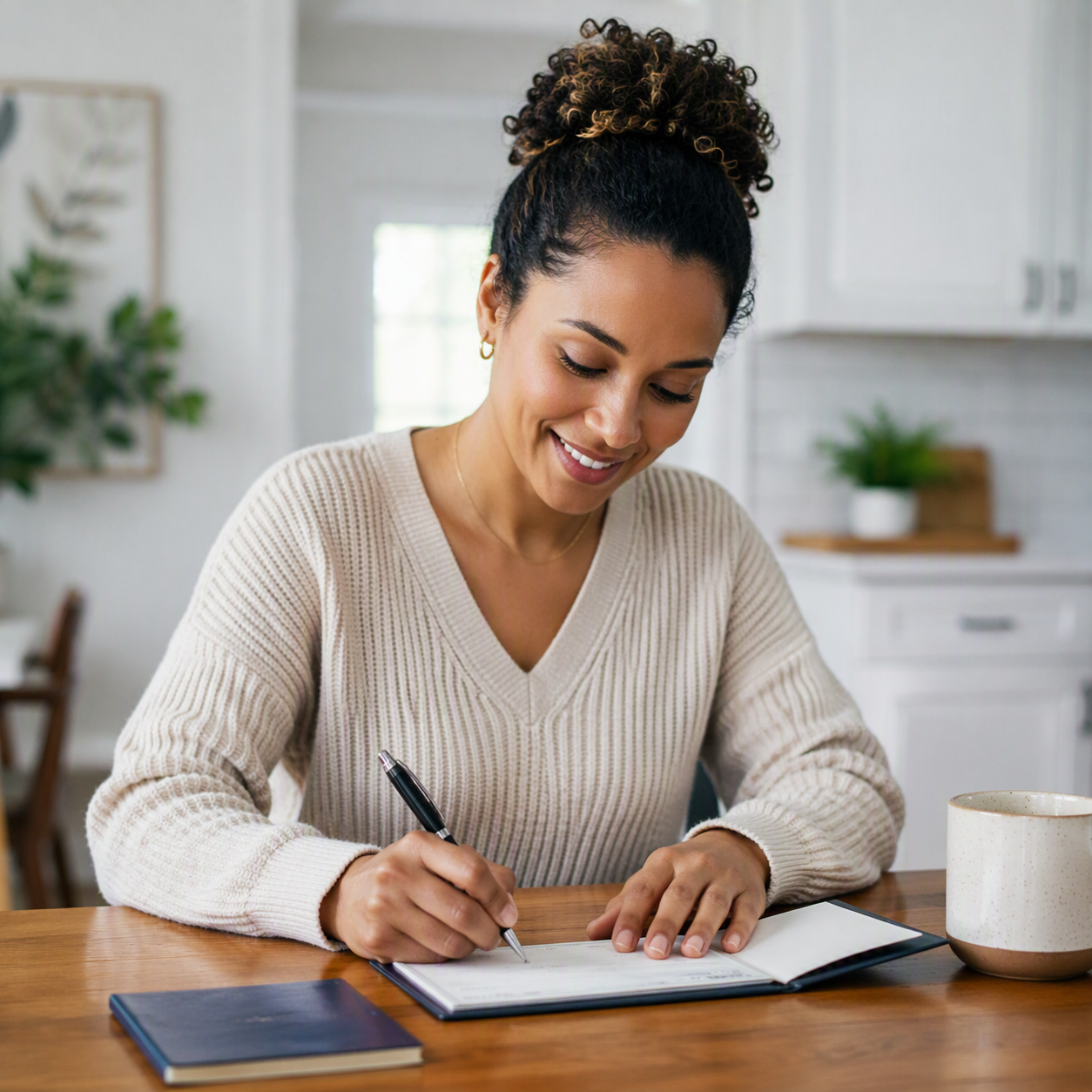 Person seated at a kitchen table completing a check with a pen. The image demonstrates using HELOC checks to access credit line funds for expenses or payments.