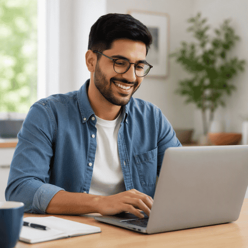 Person seated at a table using a laptop in a bright home environment. The image represents online banking tools used to schedule payments, transfer funds, and manage a home equity line of credit account.