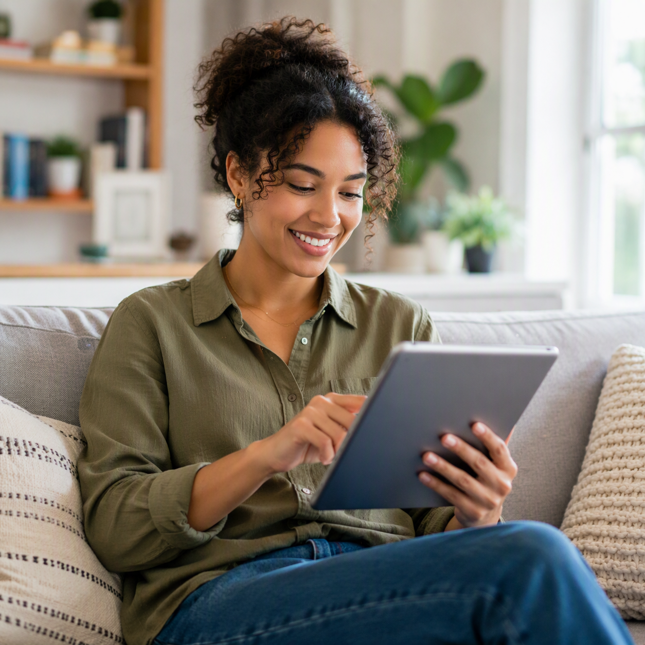 Person seated on a couch using a tablet in a well-lit home environment. The image illustrates accessing and managing a home equity line of credit through online banking.