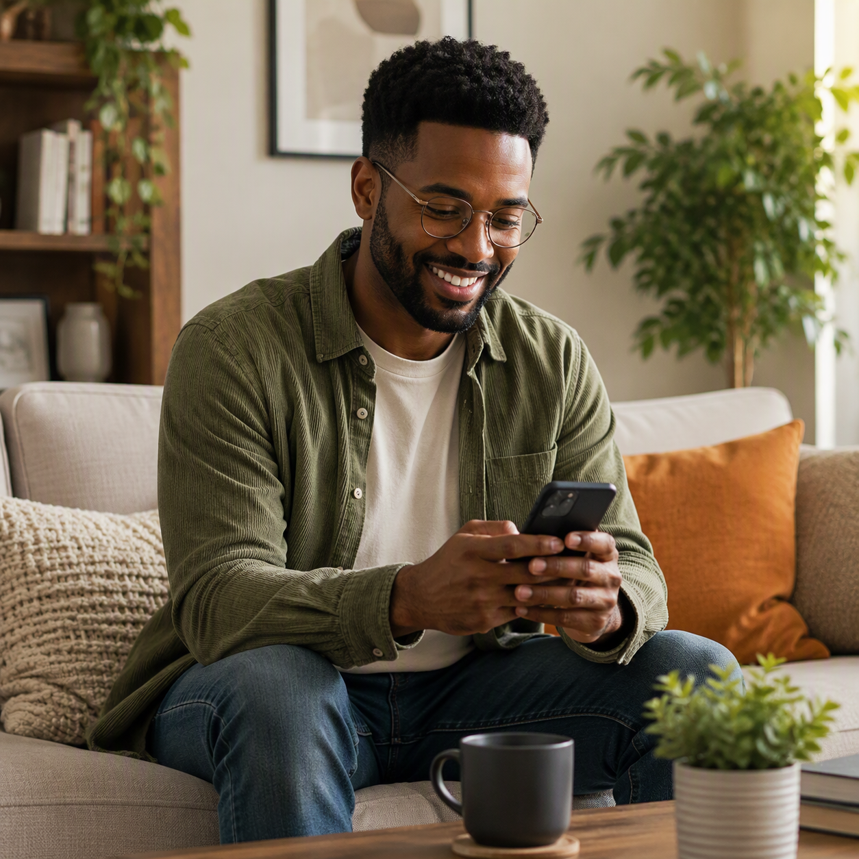 Person sitting on a living room couch, using a smartphone while surrounded by warm home furnishings and natural light.