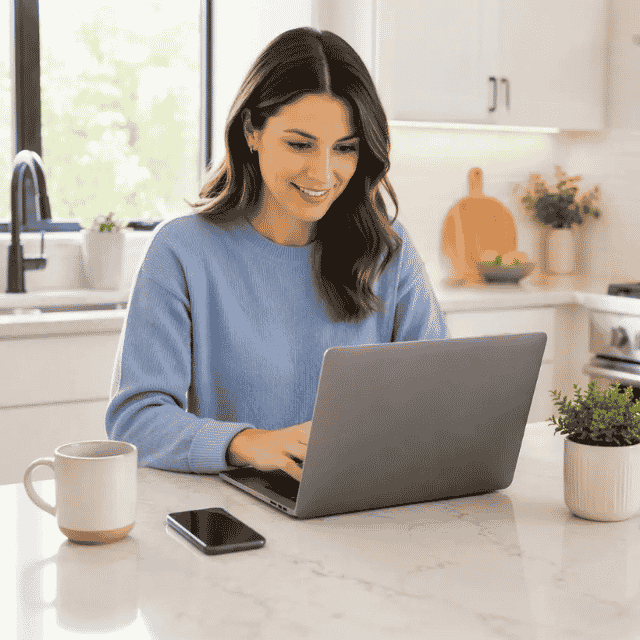 Person using a laptop at a kitchen island to access financial accounts online, with a smartphone on the countertop in a bright home setting.