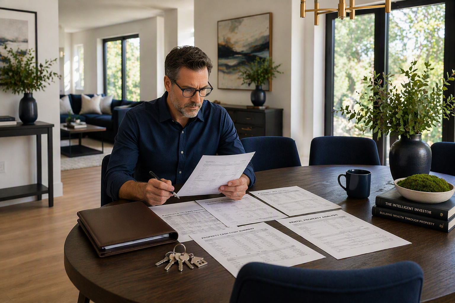 Real estate investor seated at a navy-accented dining table in an upscale home, reviewing property documents with keys and a portfolio nearby. The bright space features large windows, warm wood floors, and premium interior details.