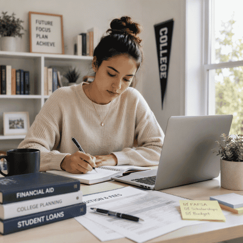 Student studying at a desk with a laptop, textbooks, and notebook, taking notes while working in a bright, modern study space with natural light and educational materials nearby.