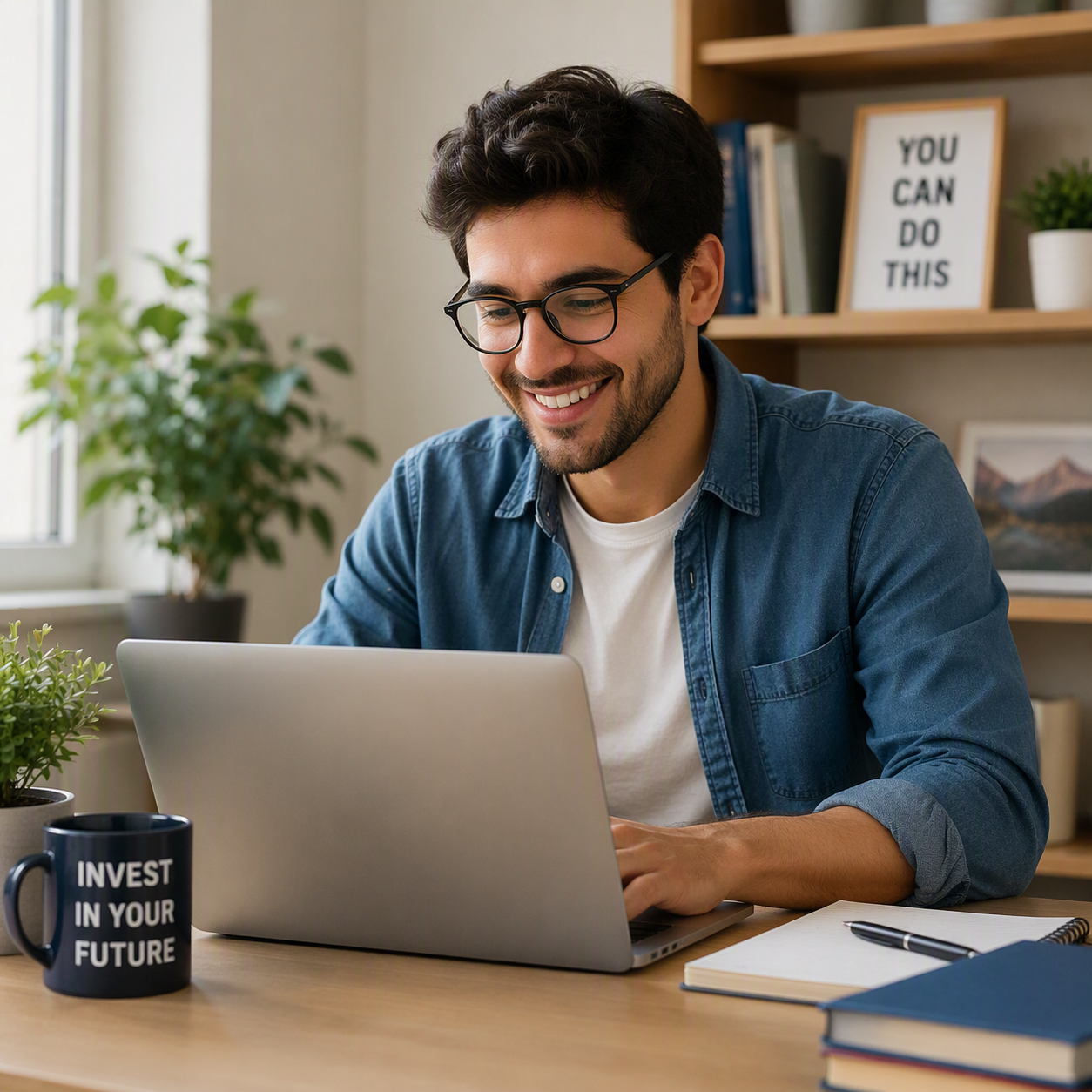 Student studying at a desk with a laptop, notebook, and textbooks in a bright home workspace, representing planning and investing in future education goals.