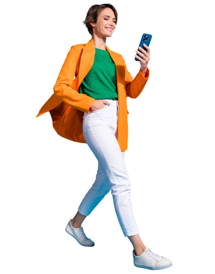 Woman walking outside checking her account on a mobile phone