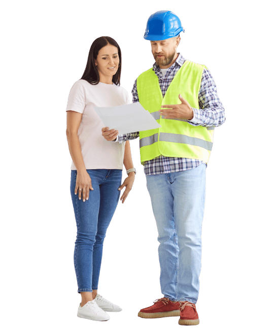 Homeowner reviewing renovation plans with a contractor while discussing a home improvement project.