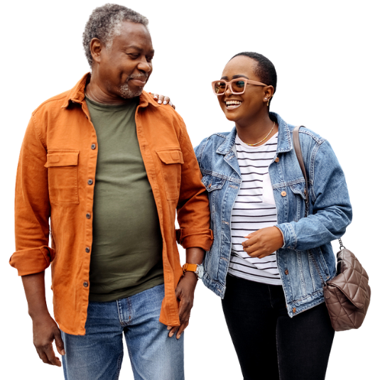 Senior father enjoys walk with his daughter in the city