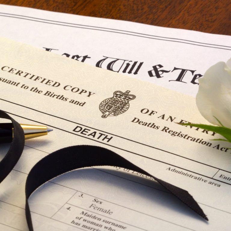 Estate documents: death certificate and last will and testament.