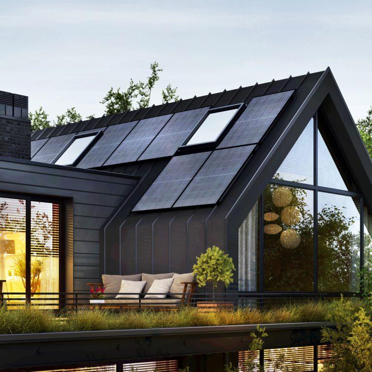 Modern house with roof terrace and solar panels