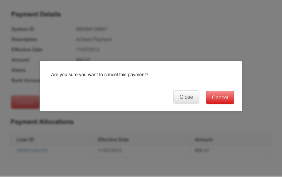 Cancel Payment Pop-up Dialogue Box