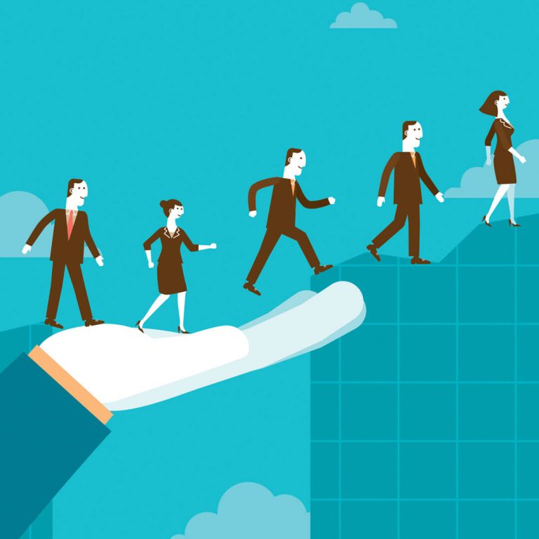 Illustration of business men and woman climbing up a chart/corporate ladder.