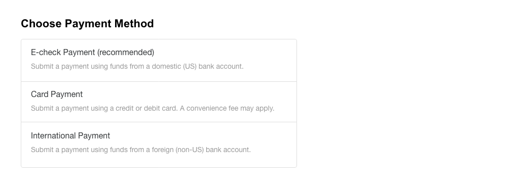 Choose a Payment Method Menu