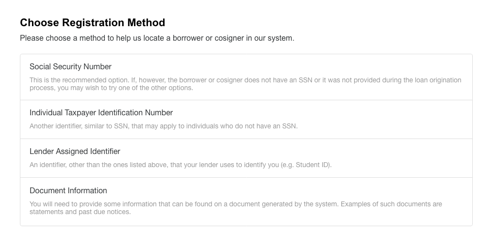 Choose Registration Method Menu