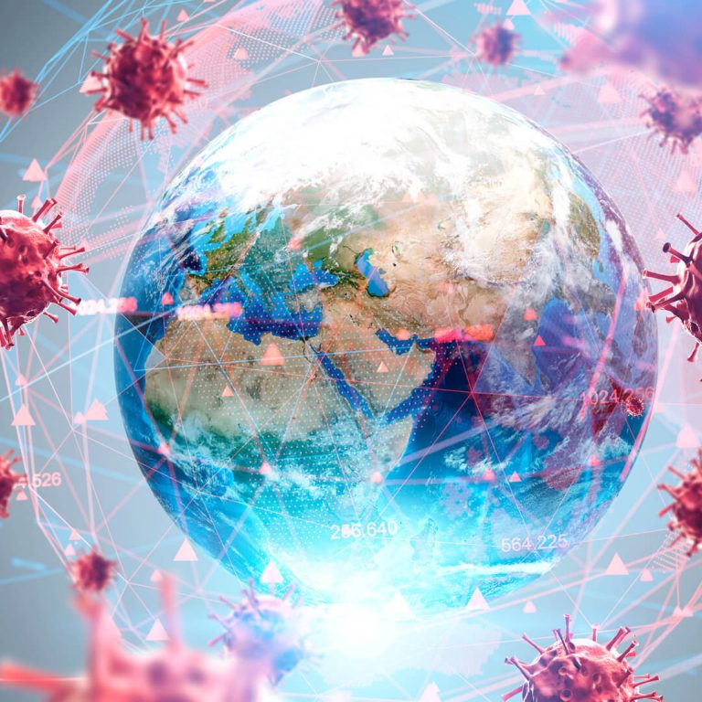 Earth with coronavirus particles surrounding it.