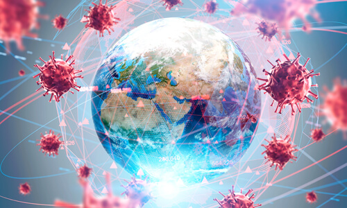 Earth with coronavirus particles surrounding it.