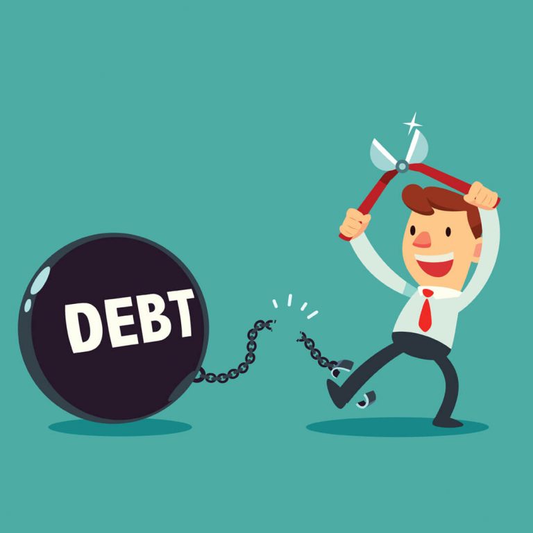 Illustration of man cutting a ball and chain shackled to his feet; "debt" written on ball, showing he is now debt-free.