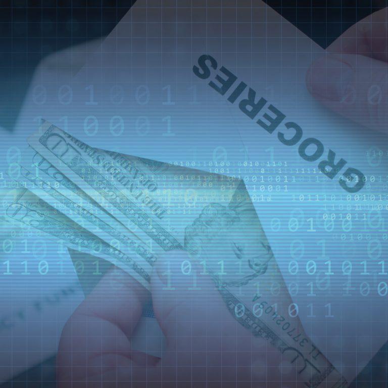 An envelope labeled "groceries" with cash in it, with 1's and 0's in the background: conceptualizing the digital envelope budgeting system.