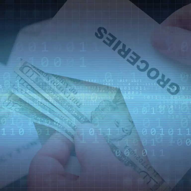 An envelope labeled "groceries" with cash in it, with 1's and 0's in the background: conceptualizing the digital envelope budgeting system.