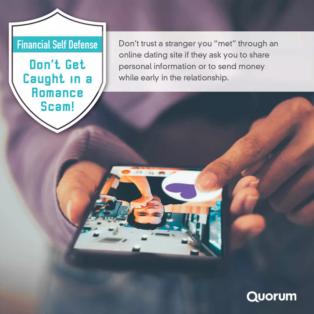 Dating site displayed on mobile phone with words "Don't get caught in a romance scam!"