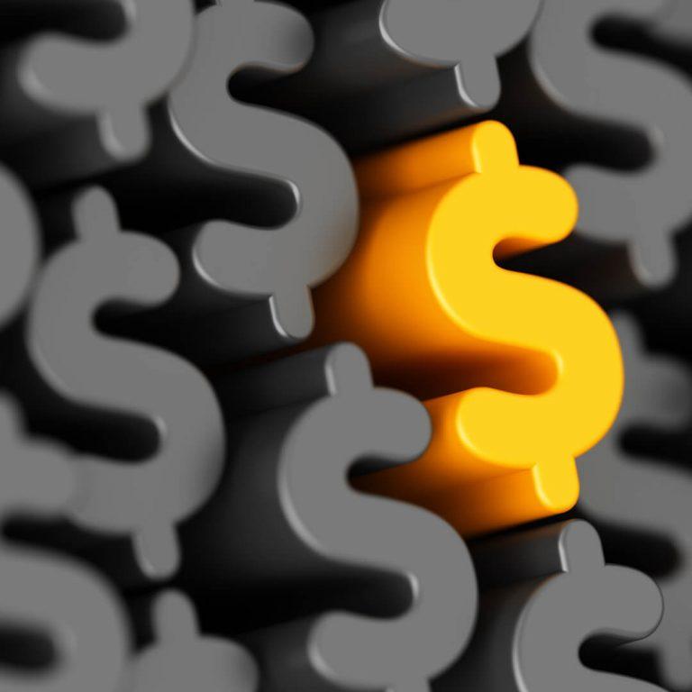 Yellow dollar sign standing out amongst grey dollar signs, illustrating dynamic pricing.