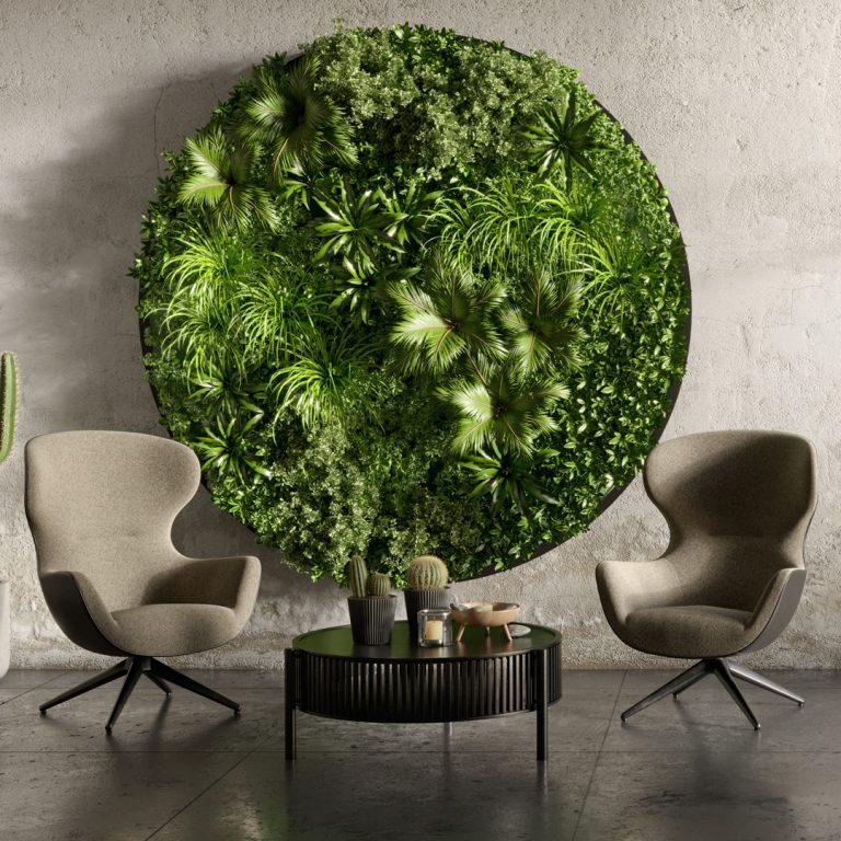 Modern living room with living wall statement piece.