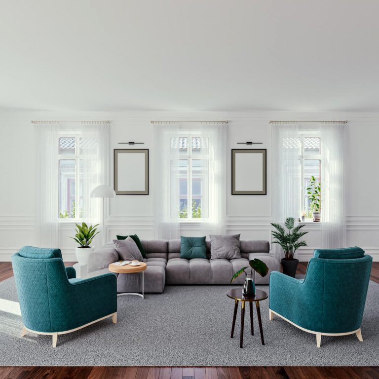 Living room with modular furniture, representing cost savings.