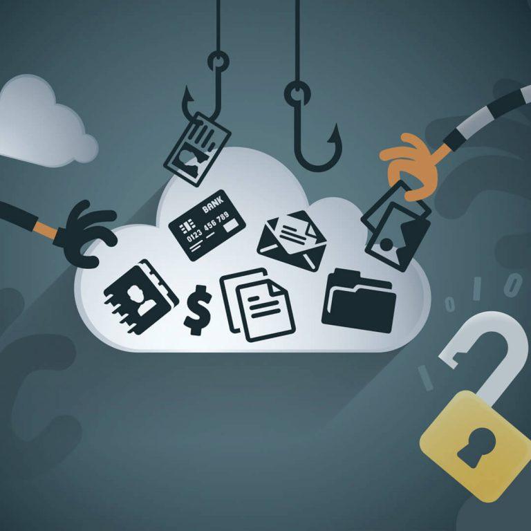 Illustration of personal identification icons and hands trying to steal items; identity theft concept.