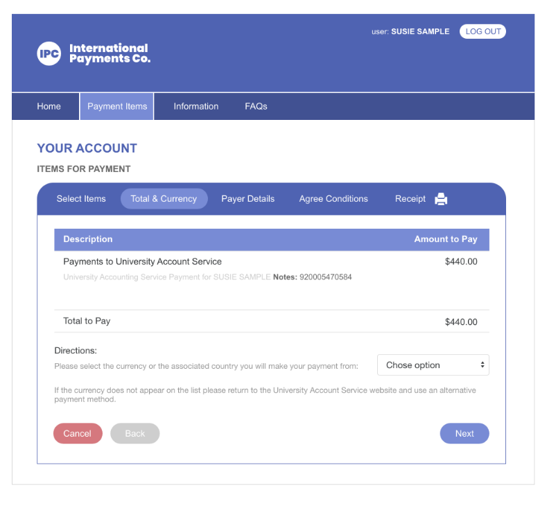 International Payment Site Screen
