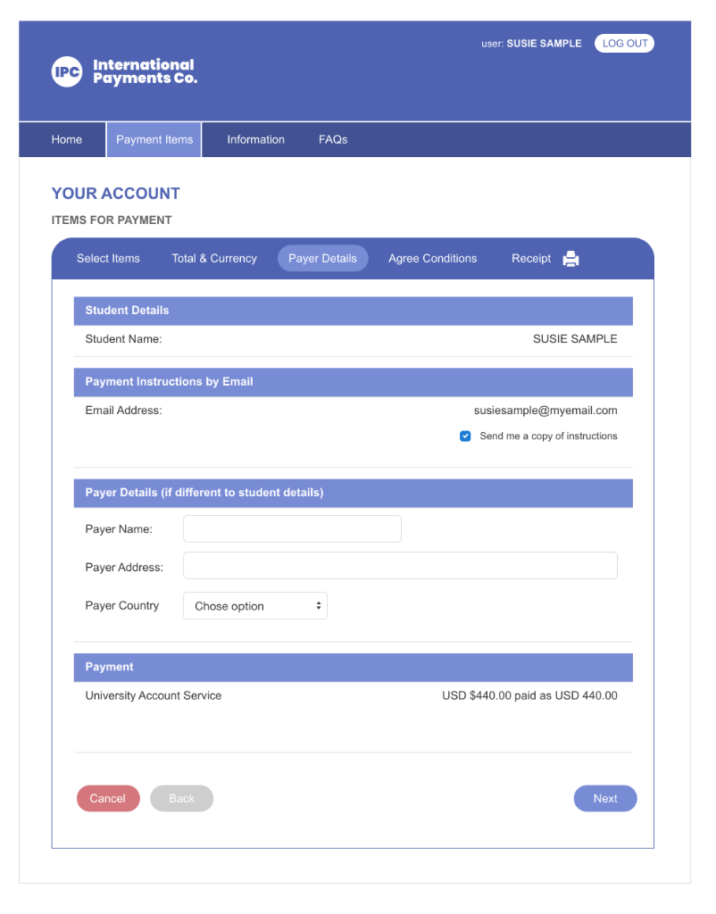 International Payment Site Payer Details Screen