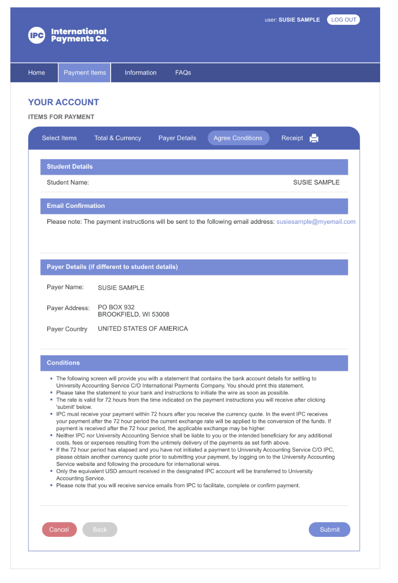 International Payment Site Agree Confirmation Screen