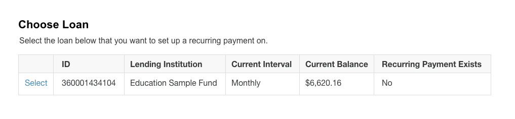 Recurring Payments Choose Loan Screen