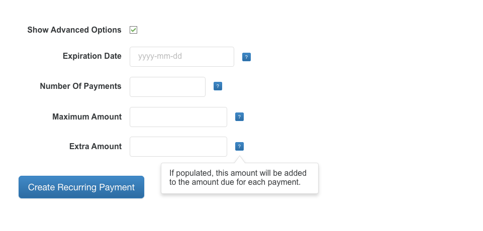 Recurring Payment Advanced Options Screen