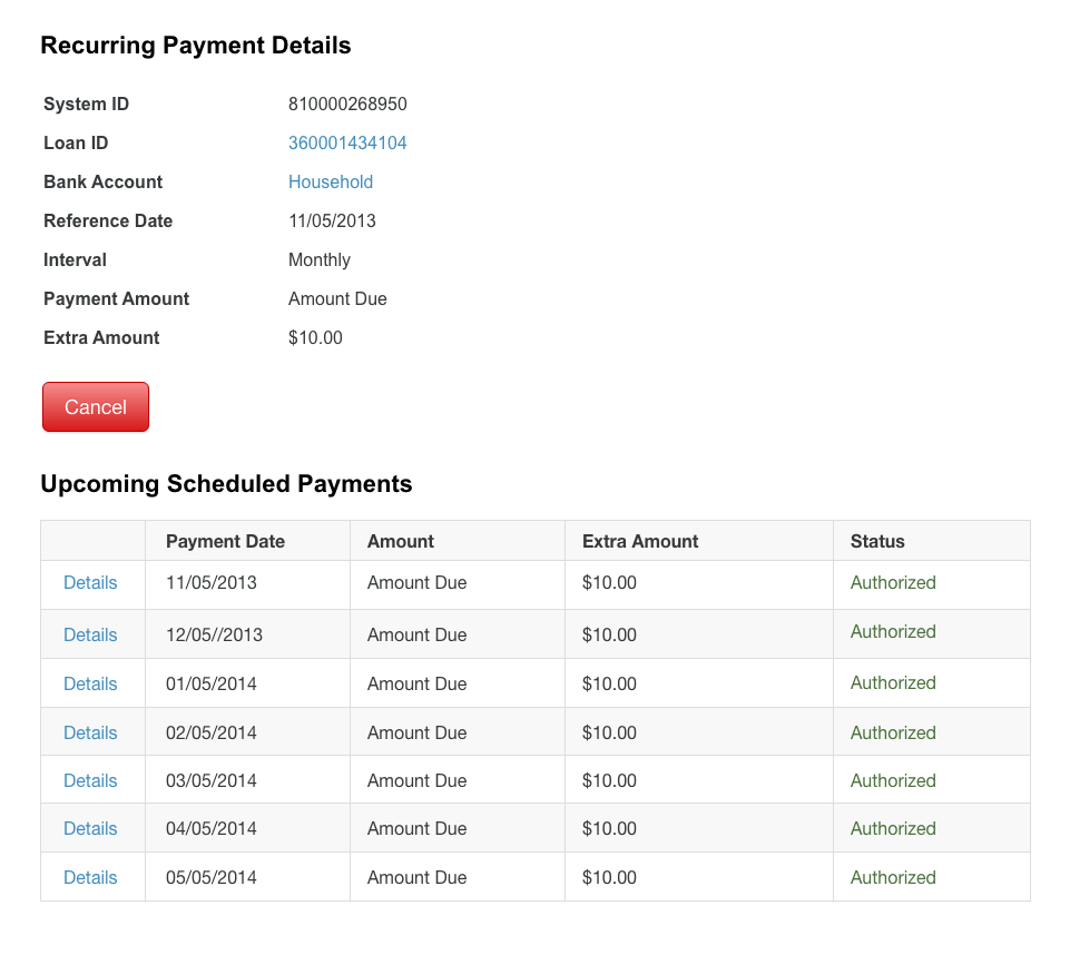Recurring Payment Details Screen