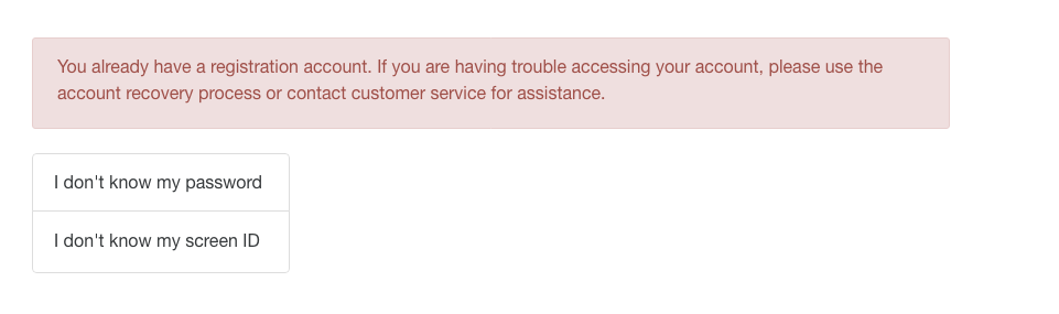 Registration Account Error Menu