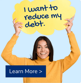 A young woman in a yellow sweater says she wants to reduce her debt using Quorum's assistance.