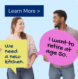 A young couple discusses goals including a new kitchen and planning for retirement.