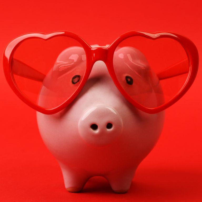 Valentines Day Piggy Bank wearing heart shaped glasses