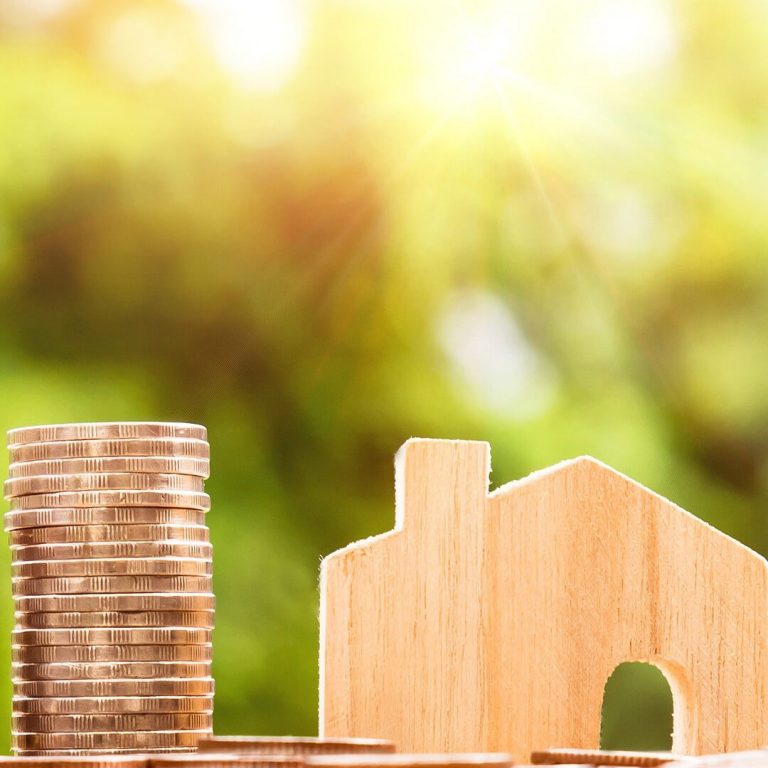Stacks of coins next to a wooden house.