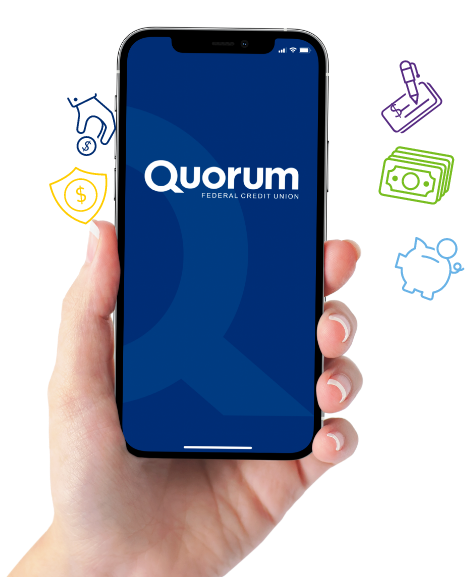 A cell phone is being held in hand showing quotes from satisfied members about Quorum's mobile app.