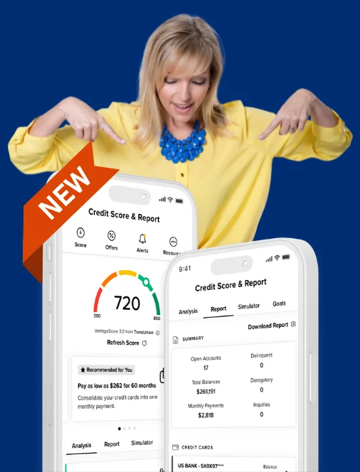 Woman points at her credit score and report on her cell phone.