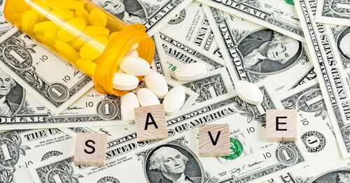 The letters "SAVE" on top of dollar bills and prescription pills.