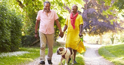 Man and woman walking their bulldog down a path.