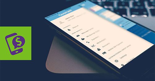 Closeup of tablet device, with screen displaying Quorum's mobile banking app.