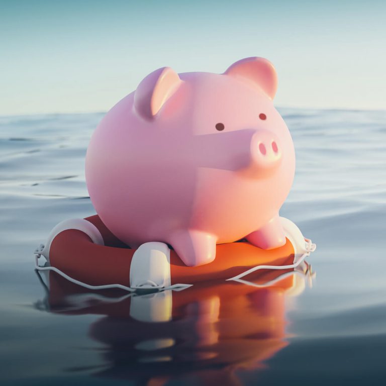 Piggy bank on emergency life raft