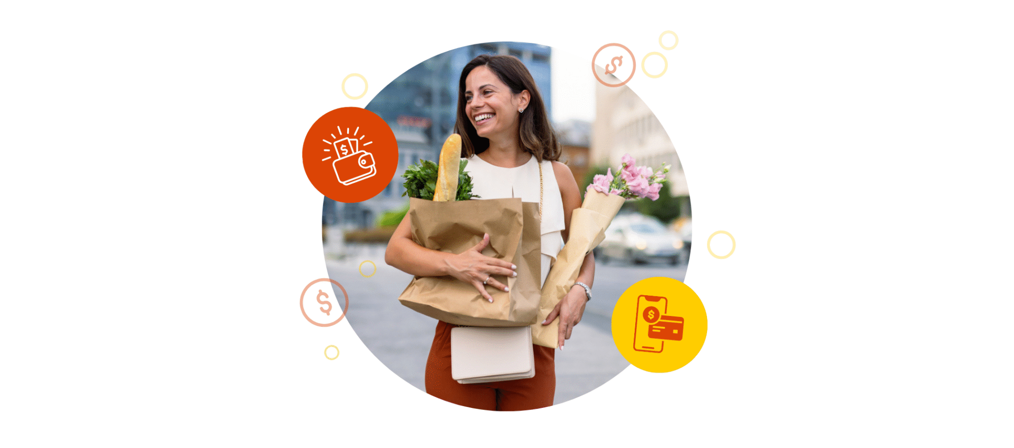 Woman walking in the city with groceries.